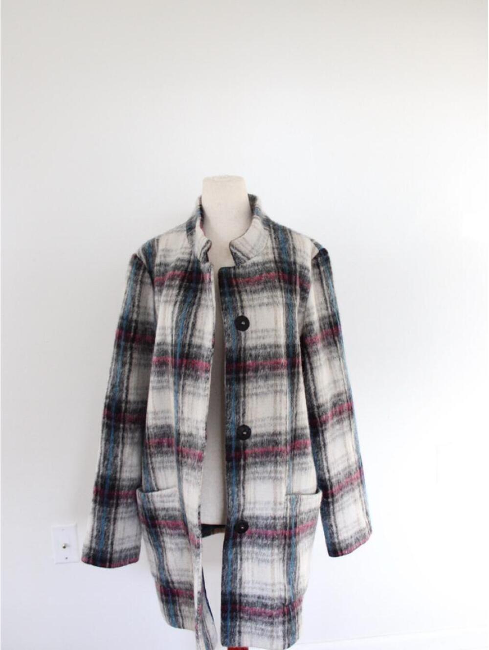 Kenneth Cole New York brushed wool-blend plaid peacoat. Size M